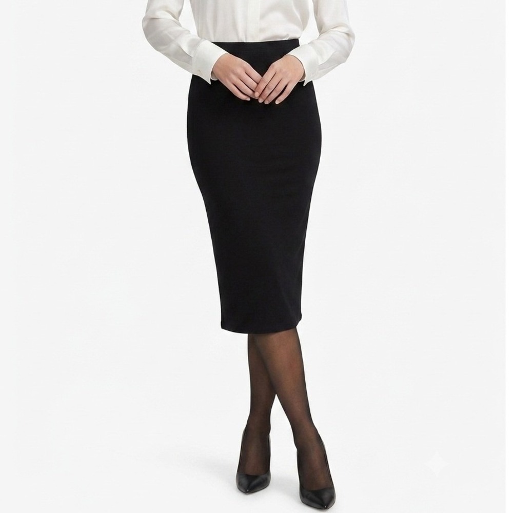 Leith High Waisted Midi Pencil Skirt Stretch Bodycon Solid Black Medium